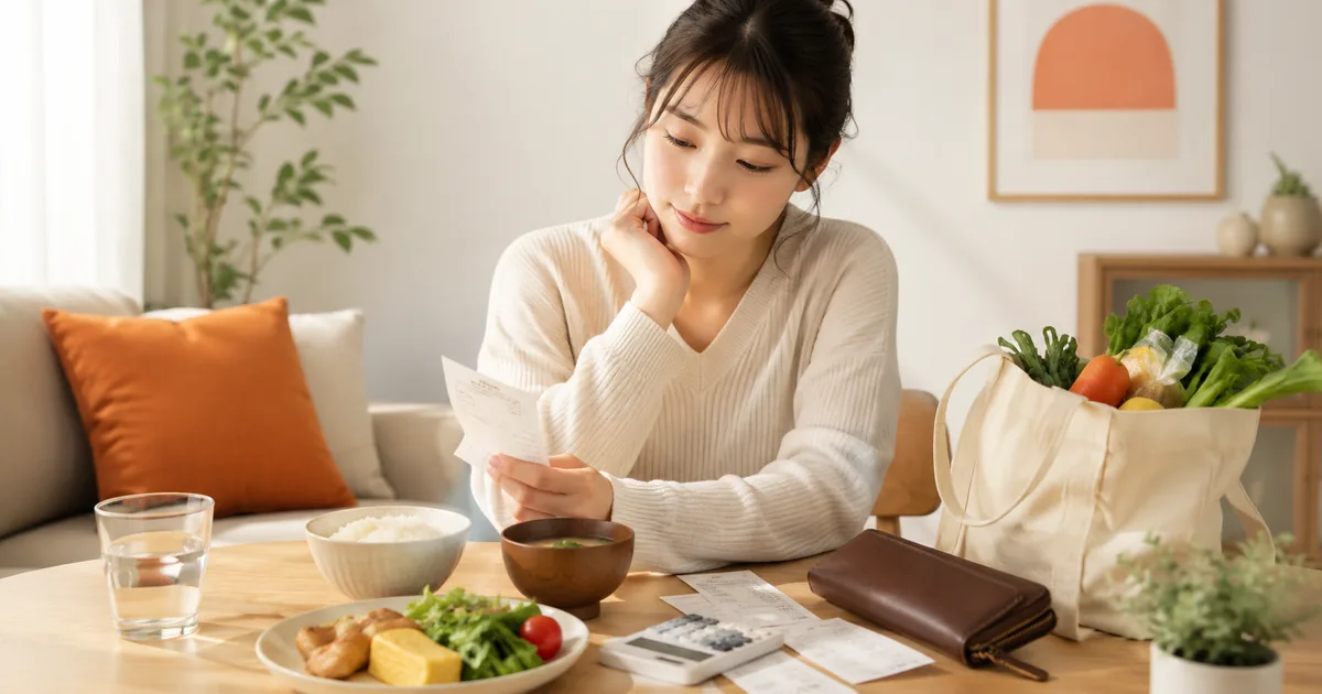 一人暮らしの食費平均をテーマに、食卓と家計管理を表現した記事画像