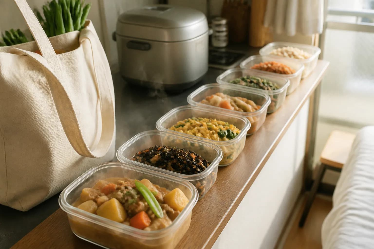 月1万円の食費削減を目指して7日分の作り置きを並べたキッチン