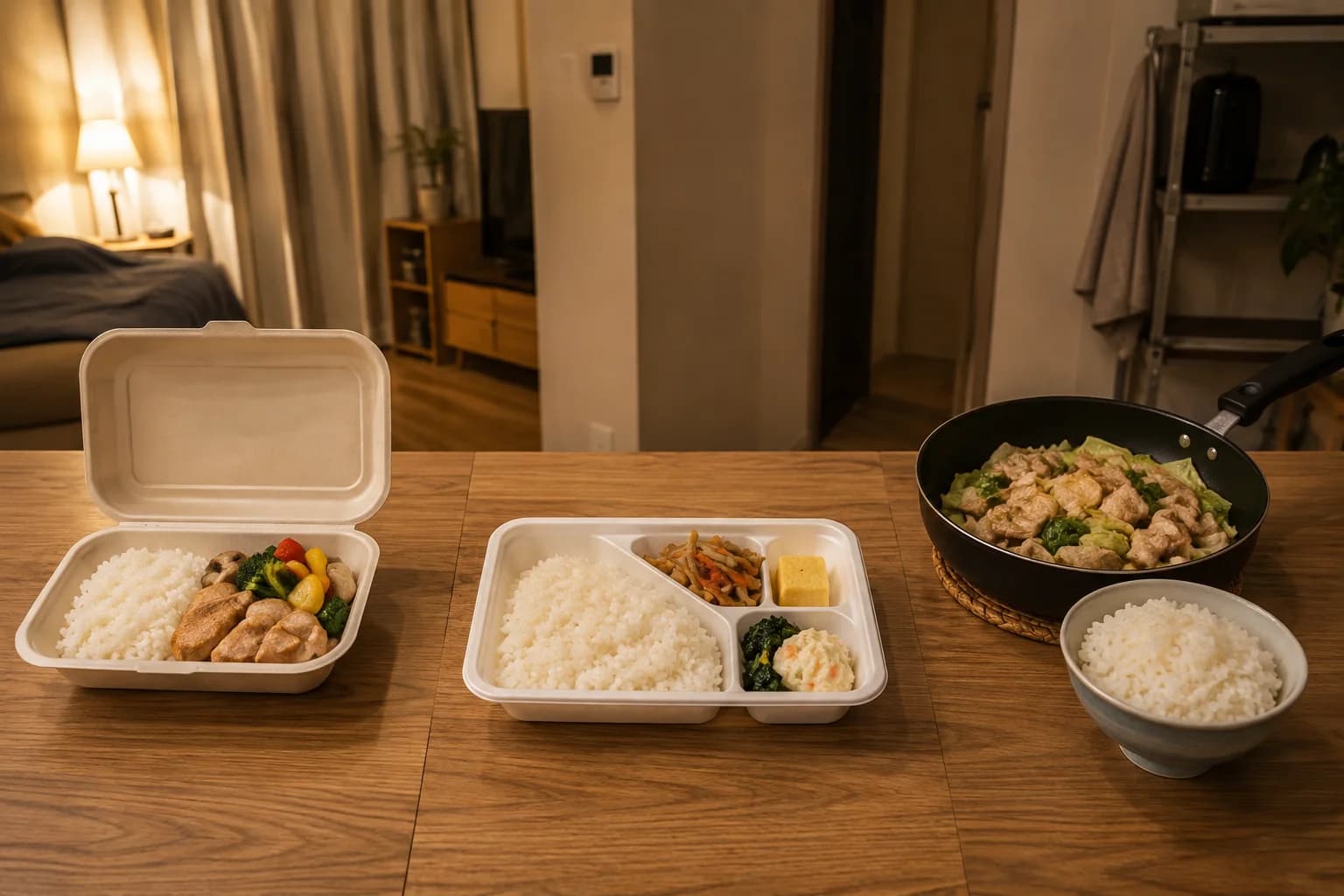自炊、持ち帰り風の食事、宅配食を並べた一人暮らしの夕食比較